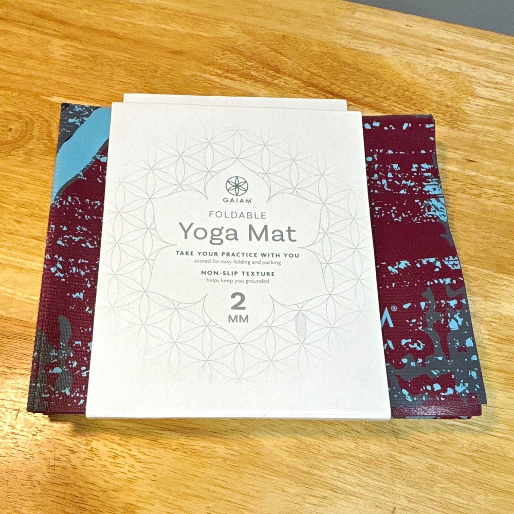 Gaiam Foldable Non-Slip Yoga Mat 68x24 2mm PVC Burgundy Rectangle Gym